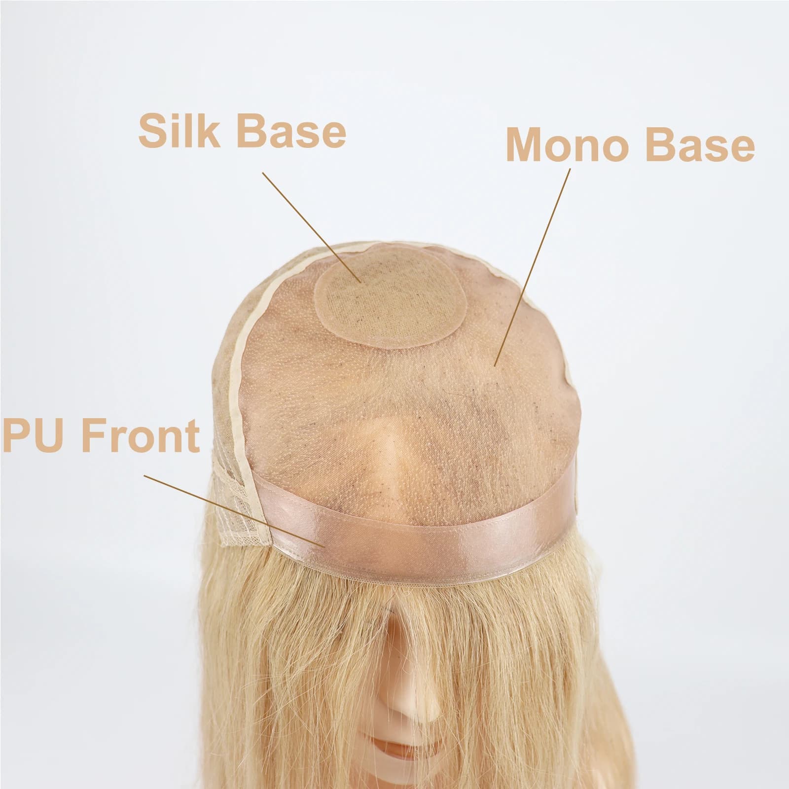 Perruque de cheveux humains entièrement attachée à la main, mono filet en soie, couronne blonde, PU 