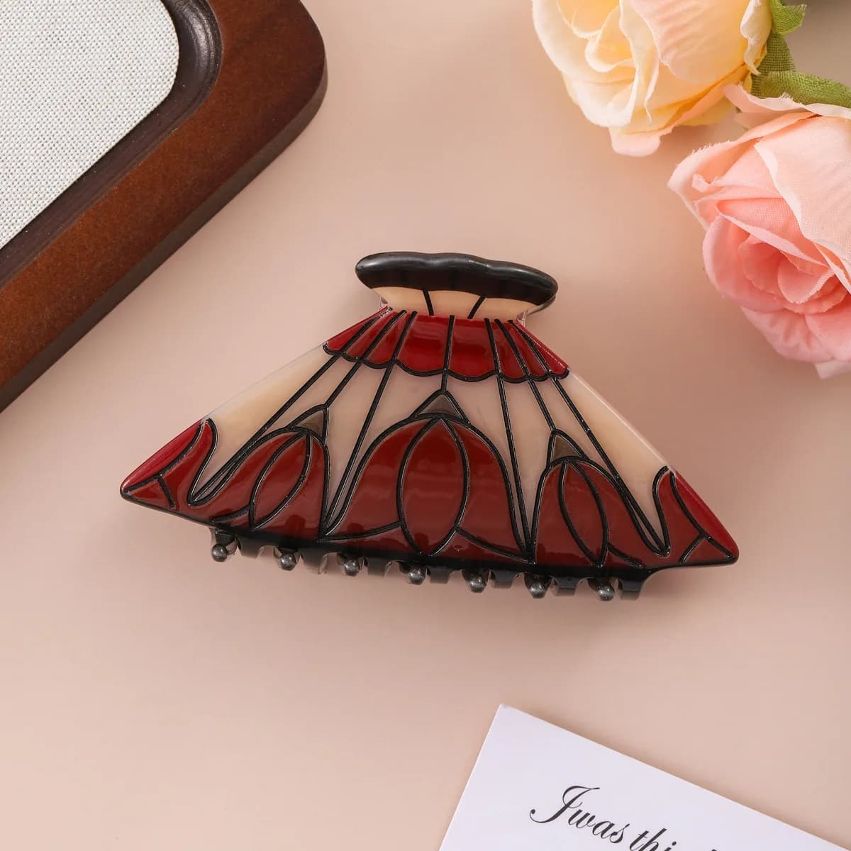 Pince à cheveux vintage en PVC effet vitrail pour femmes, grande pince à cheveux à motif floral et f