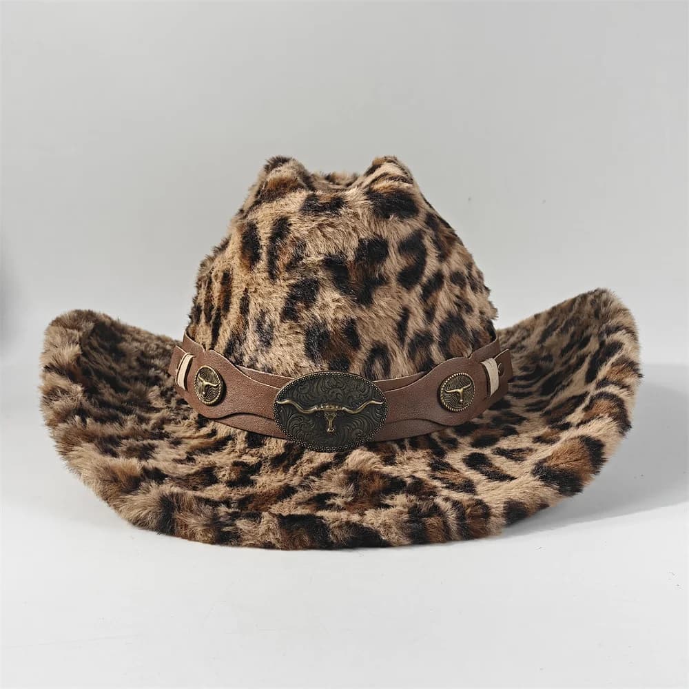 Chapeau de cowboy en fourrure de lapin imprimé léopard 7,5 cm Fedora de cowboy occidental pour homme