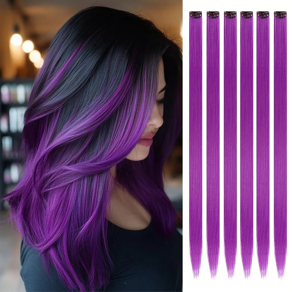 Extensions de cheveux violets 6 pièces Extensions de cheveux à clips colorés synthétiques 24 pouces 