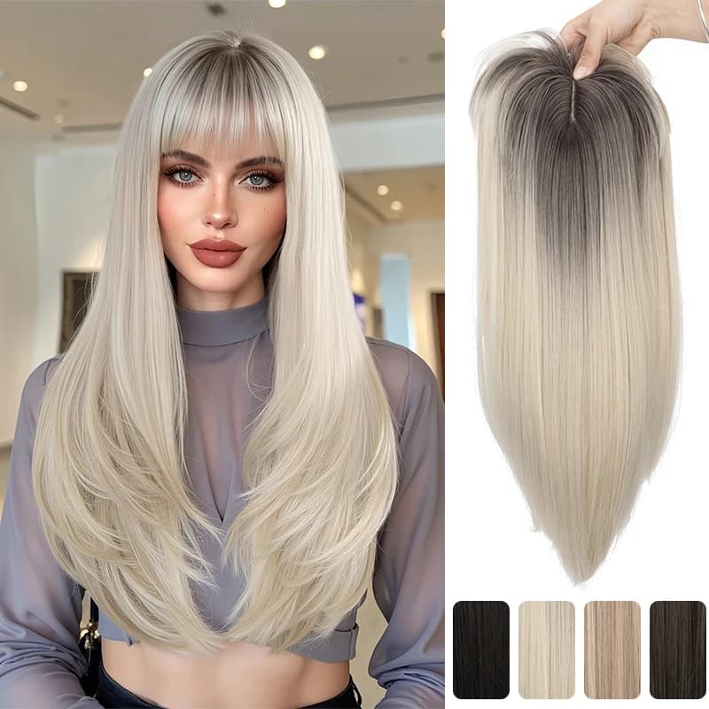 Extensions de cheveux synthétiques à clips avec frange : postiche longue et droite haute température