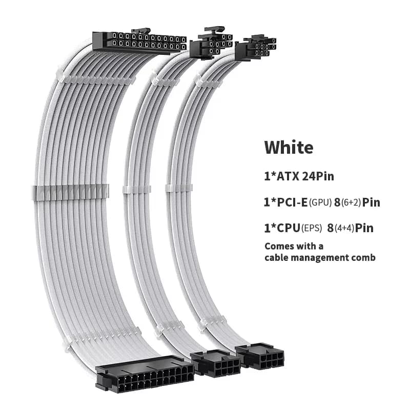 TEUCER MZ-3 Kit de câble d'extension PSU blanc 3-en-1 ensemble 300mm PSU vers ATX 24 broches PCI-E 6