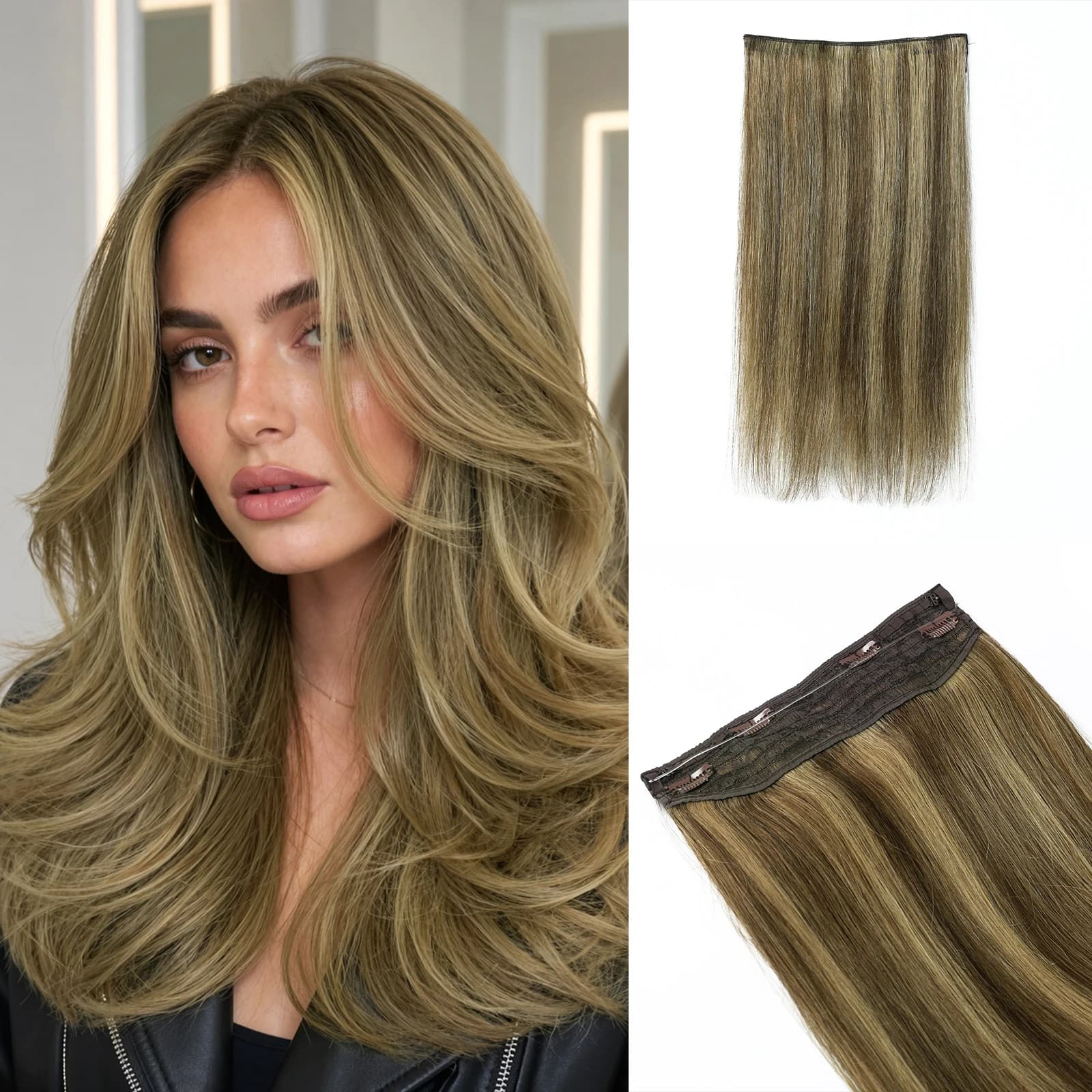 Extensions de cheveux naturels Halo 16 18 20 pouces, mèches bronzées, lisses, avec fil et 4 clips, v