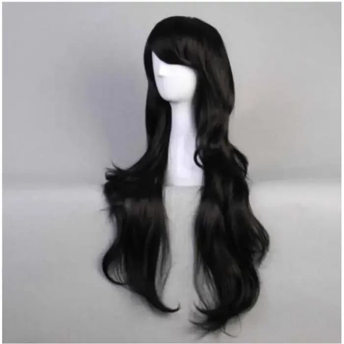 Perruque de cosplay Marceline la Reine des vampires, longue, noire, ondulée et bouclée, bijoux de mo