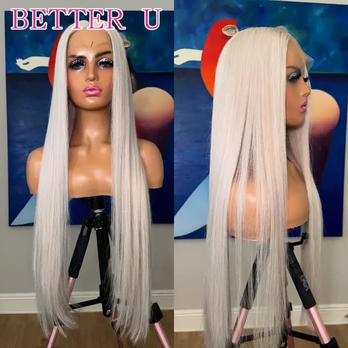 Perruque Lace Closure Wig naturelle HD sans colle, cheveux lisses, blond blanc, platine, suisse, pre