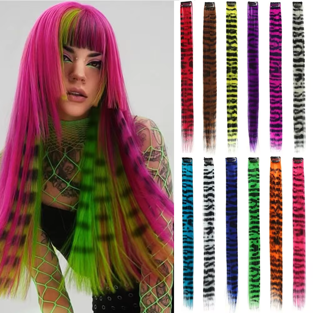 Extensions de cheveux synthétiques colorées à rayures imprimées, longues et droites, à clipser, adap