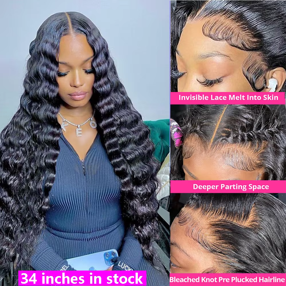 Perruque Lace Front Wig Deep Wave brésilienne naturelle, cheveux humains, 13x6, 13x4, pre-plucked, p