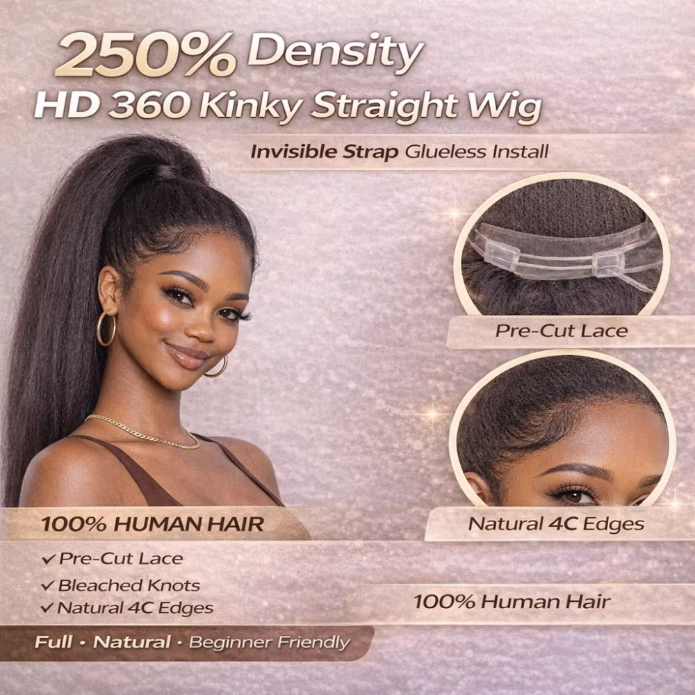 Perruque sans colle 360 Kinky Straight, densité 250, dentelle HD, sangle invisible, dentelle pré-cou