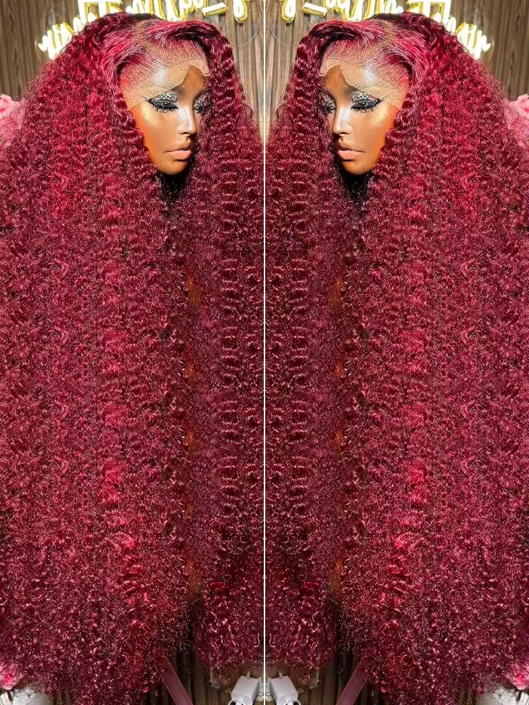 Perruque Lace Front Wig Naturelle Bouclée, Cheveux Humains, Couleur Rouge Bordeaux 99J, 13x6, 13x4, 
