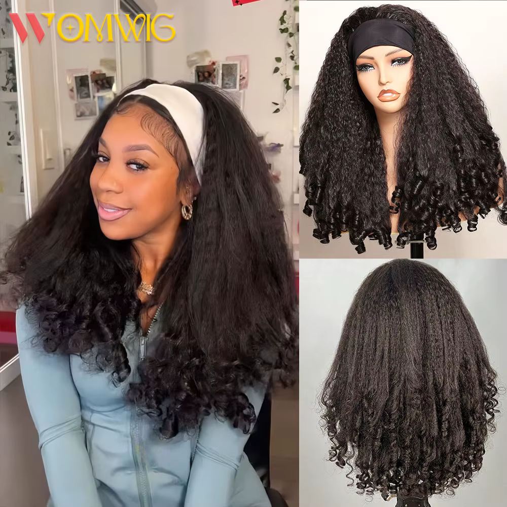 Perruques bandeau en cheveux humains sans colle, avec cordon de serrage, styles Kinky Straight, Burm