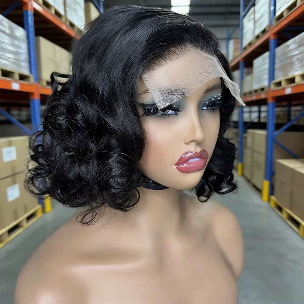 Perruques Bob Courtes Ondulées 13x4 Frontal, 100% Cheveux Humains Remy, Densité 200%, Noir Naturel, 