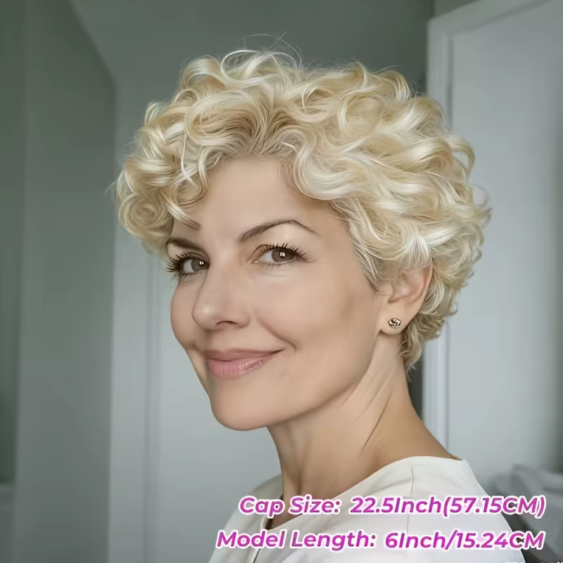 Perruques en cheveux humains blonds 613, coupe courte bouclée brésilienne, style pixie, avec frange,