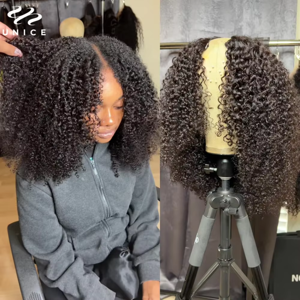 UNice crépus bouclés V partie perruque avec cordon 100% perruques de cheveux humains débutant adapté