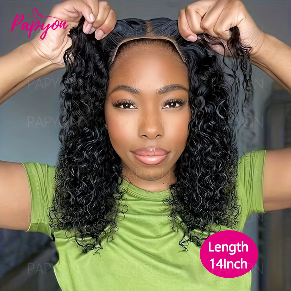 200% Density Perruque Bob Bouclé Water Wave Sans Colle Pour Femme de Fermeture en Bouclée Dentelle