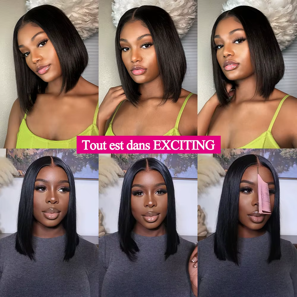 Perruque droite bob sans colle, cheveux humains 100%, dentelle transparente 4x4, prête à porter et p