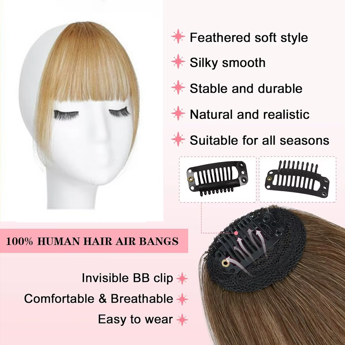 Frange française vaporeuse de cheveux humains avec des tempes, accessoires pour cheveux à frange inc