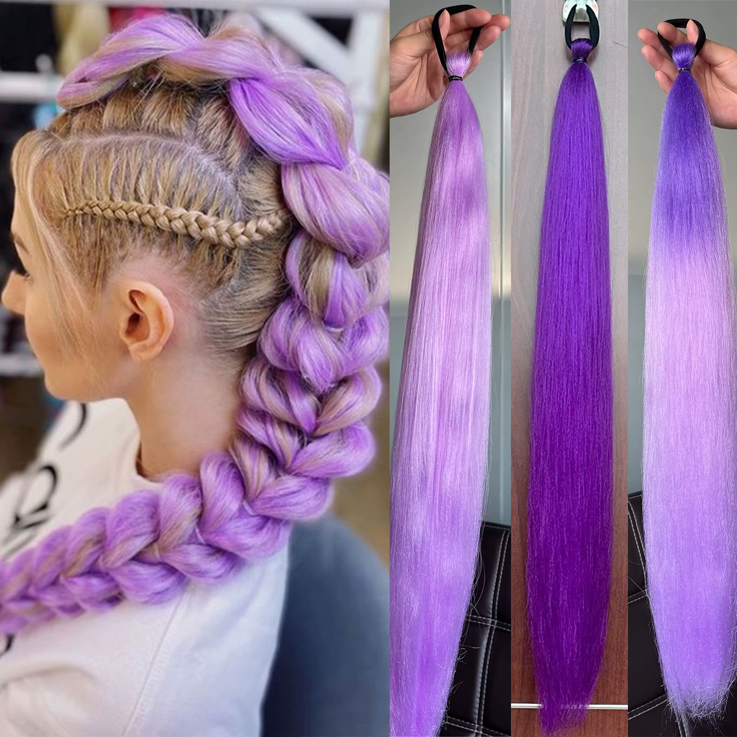 Queue de cheval synthétique longue et lisse de 28 pouces, queue de cheval tressée violette avec élas