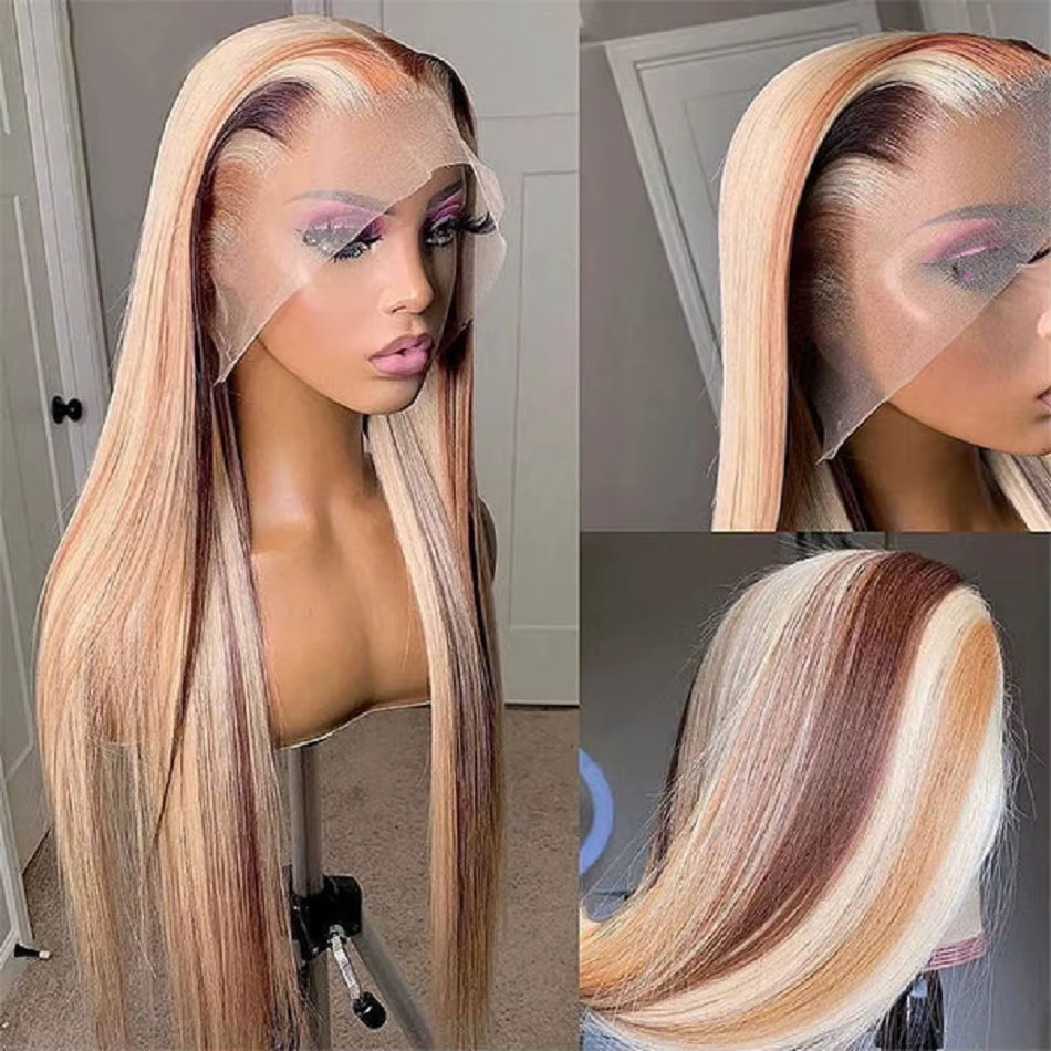 Perruque de cheveux humains Body Wave colorée à reflets blond brun 4/613, avec Lace Frontal Transpar