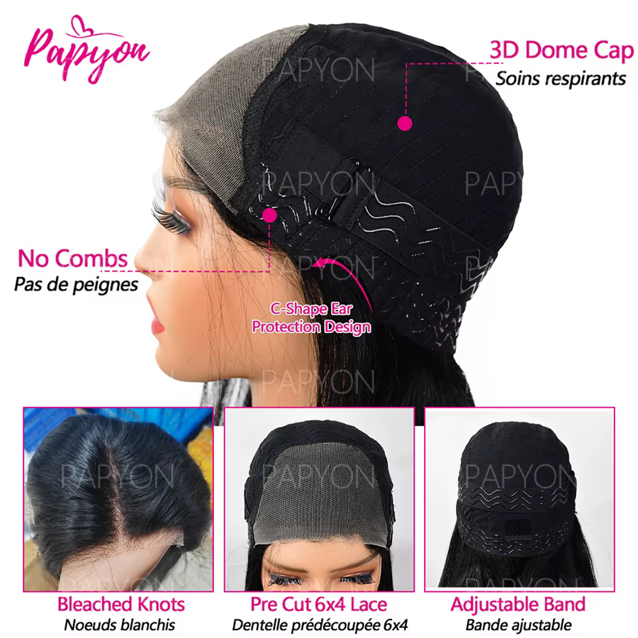 6x4 Perruque Cheveux Humain Sans Colle Perruque Lisse Pré-épilée Glueless Wigs Human Hair Drawstring