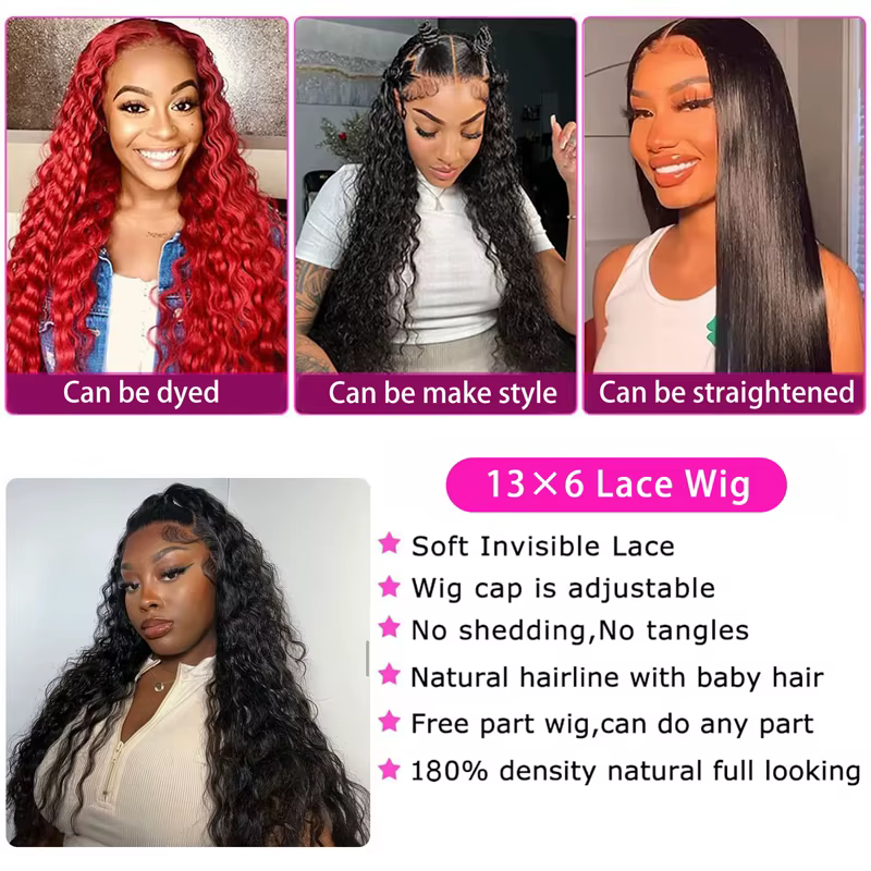 Perruque Lace Front Wig Deep Wave Brésilienne Naturelle, Cheveux Humains, 13x4, 13x6, Pre-Plucked, 1