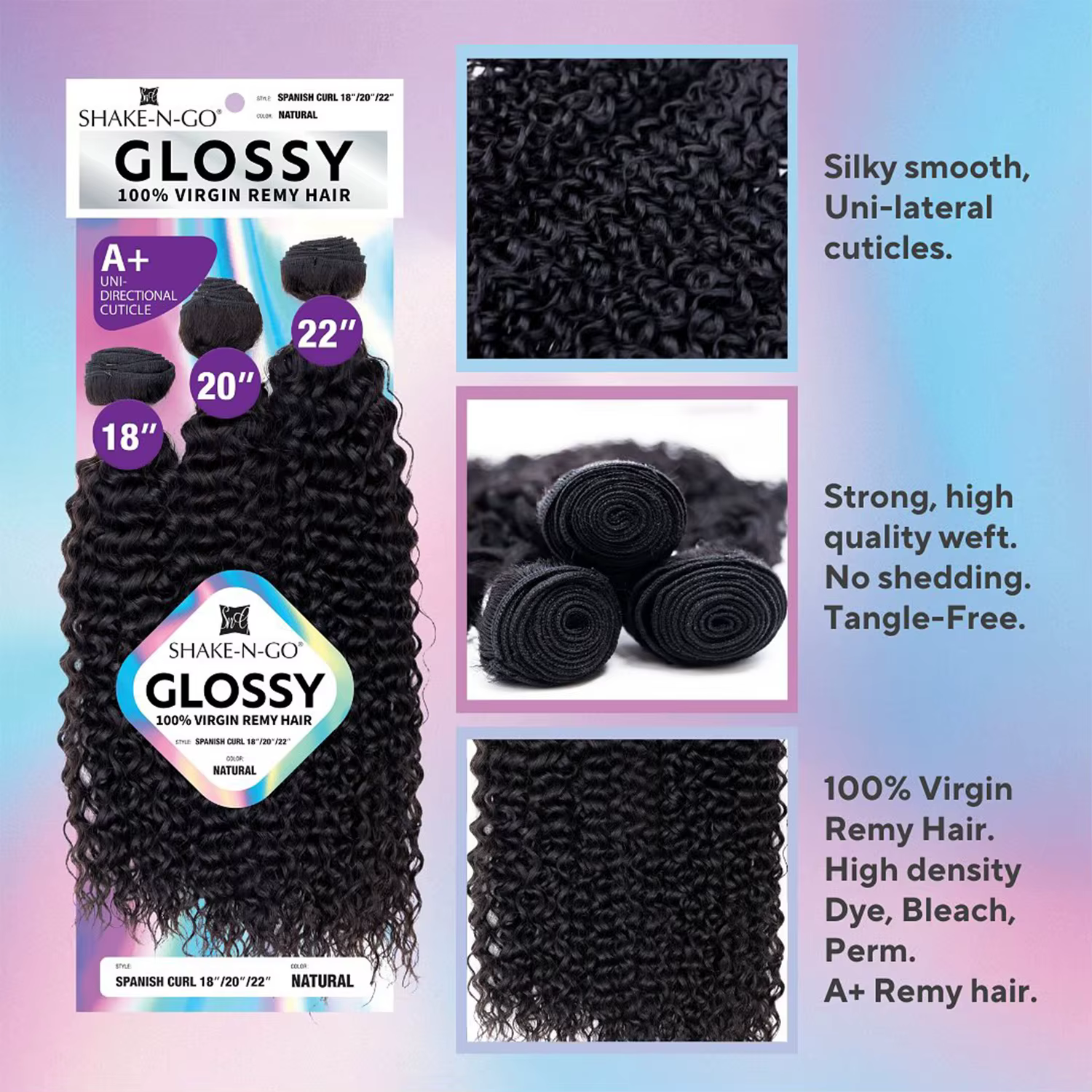 Shake-N-Go Tissage de cheveux vierges Remy brillants 3 paquets Curl espagnol – Doux, brillant, aspec