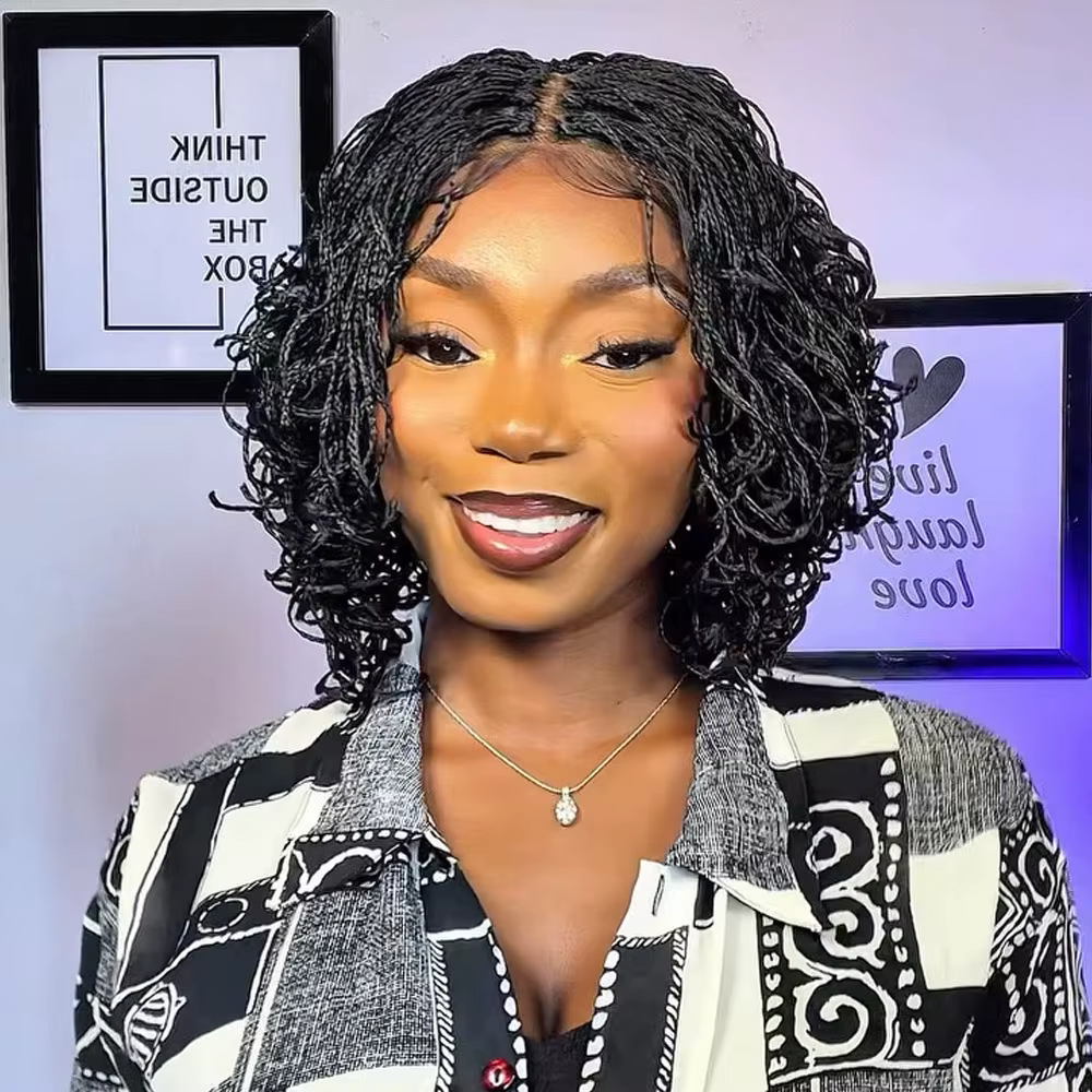 Perruque Bob tressée courte bouclée pour femmes noires, Double dentelle frontale bouclée, Micro boît