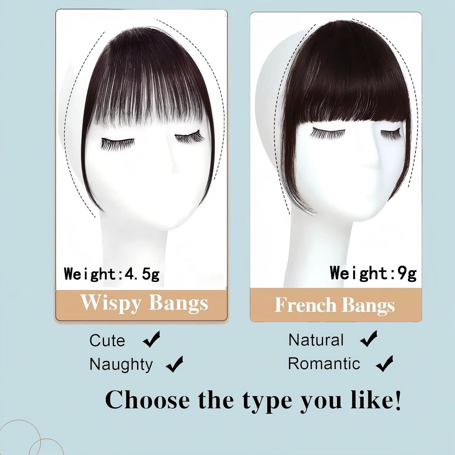 Frange française vaporeuse de cheveux humains avec des tempes, accessoires pour cheveux à frange inc