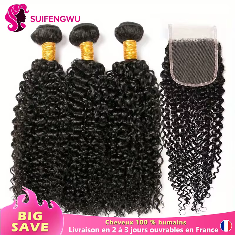 14A Kinky Curly Tissage Cheveux Humains Avec Fermeture 4X4 HD Closure Human Hair meche Tissages brés