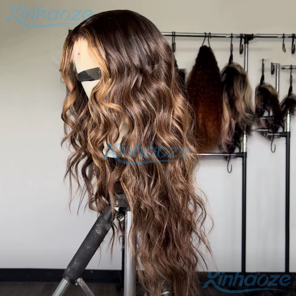 Balayage brun blond lâche ondulé mettre en évidence 5x5 soie haut fermeture perruques Remy brésilien