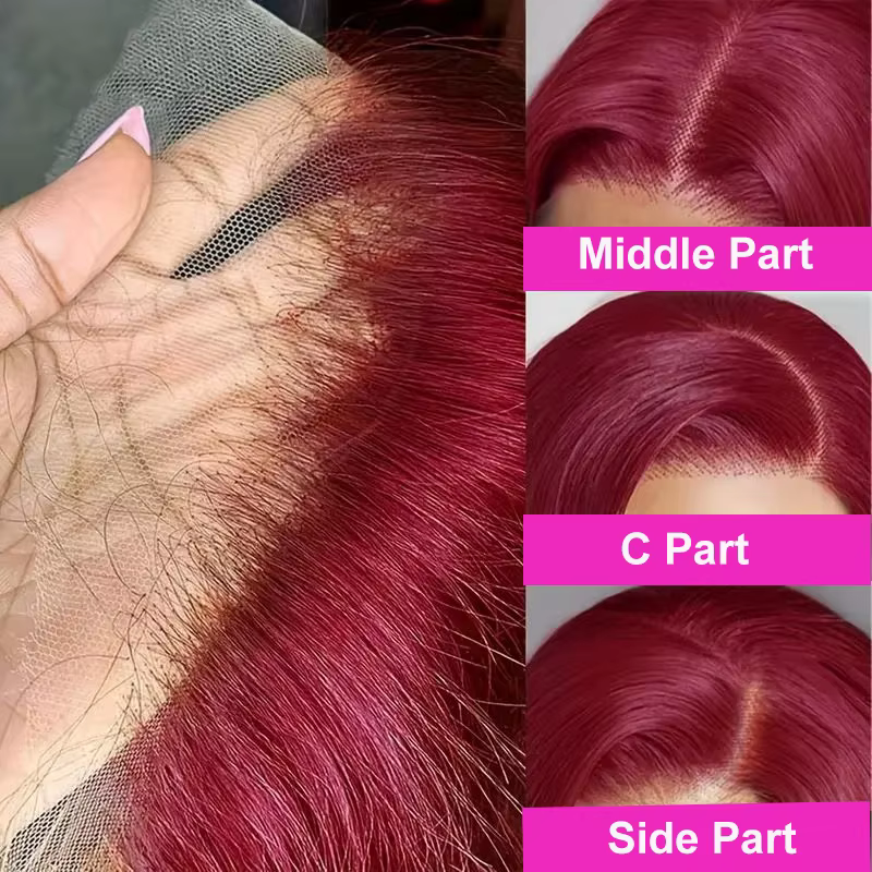 Perruque Courte Droite Bob Bourgogne 99J, Perruque Lace Frontale 13x4 Rouge, Cheveux Humains Brésili