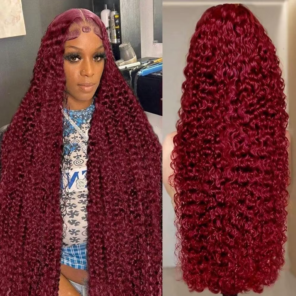250% densité 99J 13x4 HD dentelle avant perruques de cheveux humains bordeaux 34 pouces vague profon