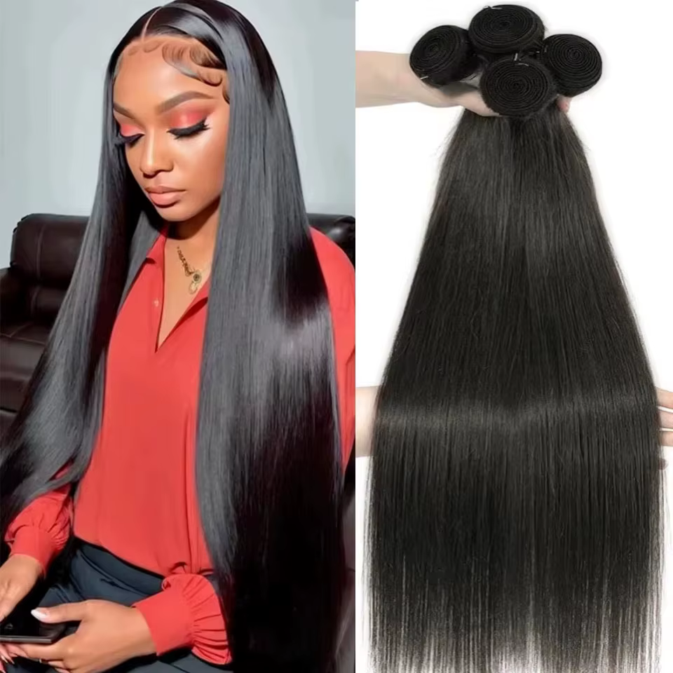 Extensions de cheveux humains brésiliens vierges, lisses, couleur naturelle, 30-36 pouces, 1, 3 ou 4