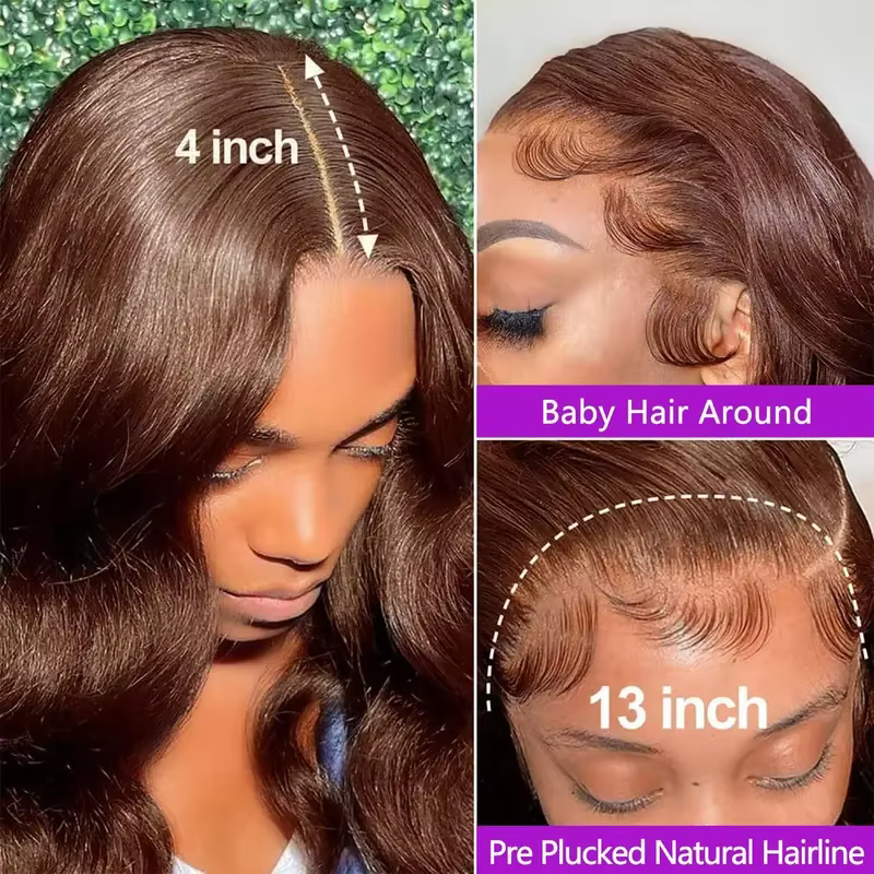 Perruques à dentelle frontale Body Wave brun chocolat, cheveux humains pré-épilés, cheveux vierges b