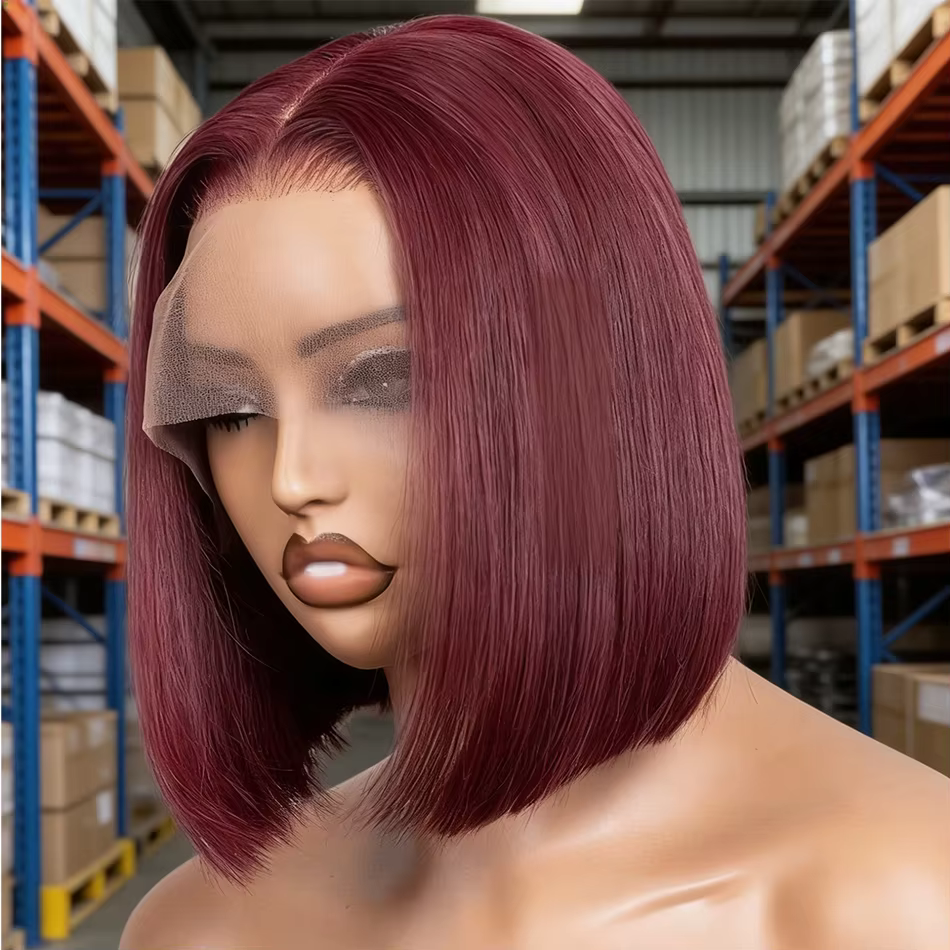 Perruque Courte Droite Bob Bourgogne 99J, Perruque Lace Frontale 13x4 Rouge, Cheveux Humains Brésili