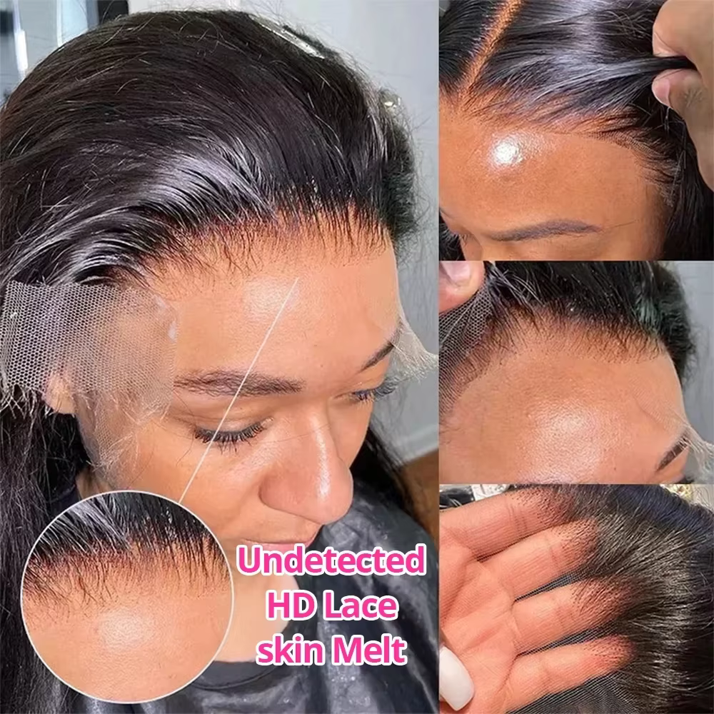 Perruque en cheveux humains lisses 13x4 avec dentelle frontale HD de 30 à 36 pouces, perruque en den