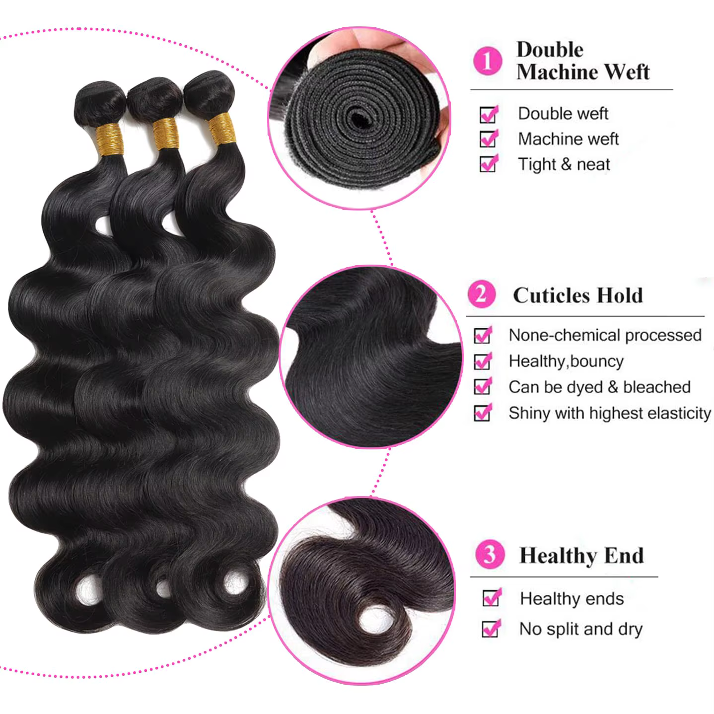 Lot de 3 Bundles de Cheveux Humains Ondulés avec Closure Frontale 100% Cheveux Vierges, 3 Bundles av