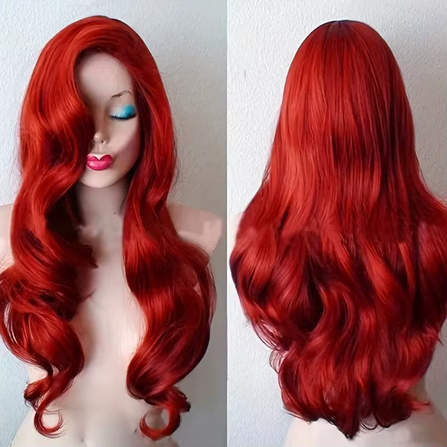 Perruque de cosplay synthétique longue bouclée rouge de 26 pouces, vague bouclée, avec filet à boucl