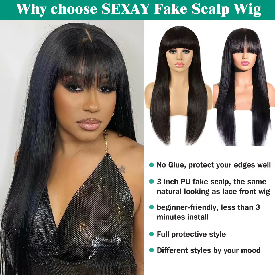 Faux cuir chevelu Bang perruques perruque de cheveux humains péruvien soyeux cheveux raides Sexay 32