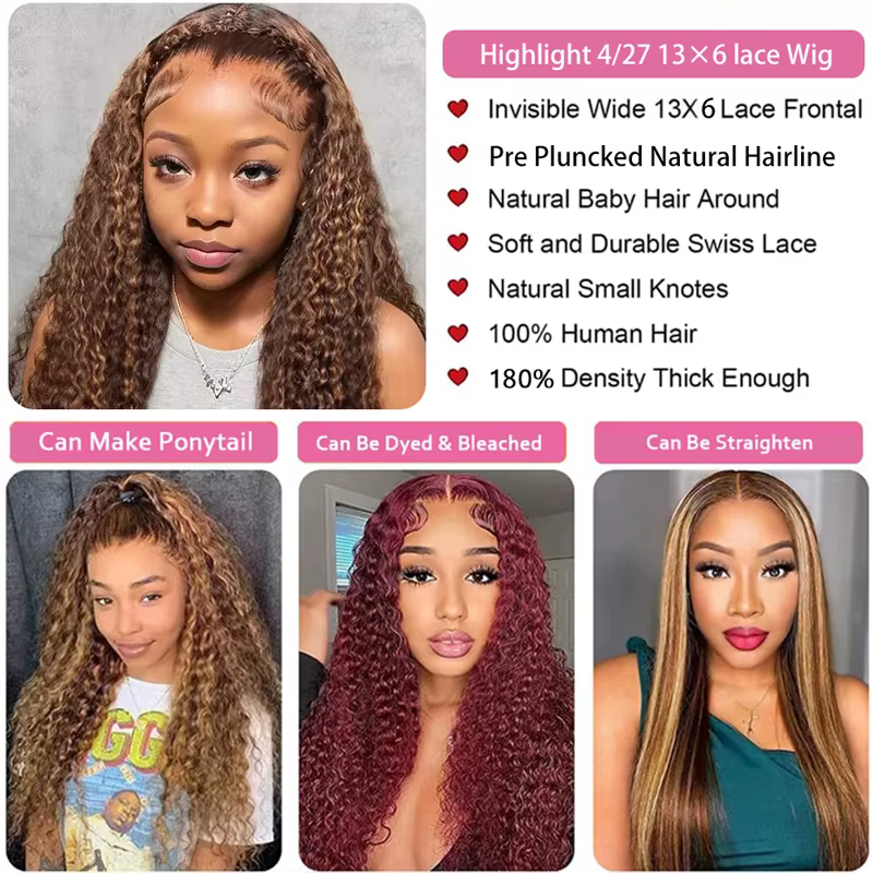 Perruque Lace Front Wig 4/27 naturelle bouclée, cheveux humains, blond miel 100%, 13x4, 13x6, 180% d