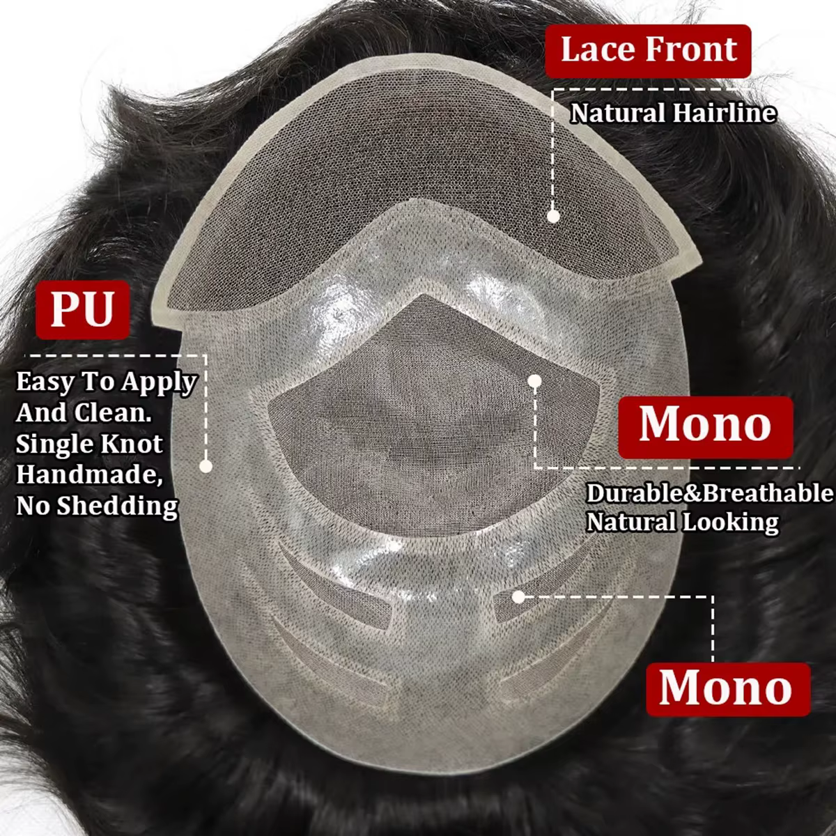 Système capillaire Mono fin pour hommes, dentelle frontale avec Mono et peau, prothèse capillaire hy