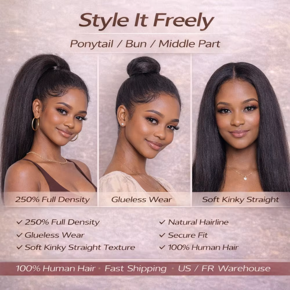 Perruque sans colle 360 Kinky Straight, densité 250, dentelle HD, sangle invisible, dentelle pré-cou