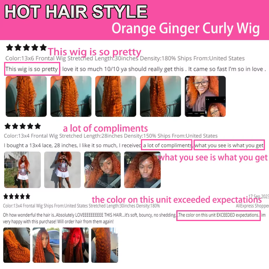 Perruque Lace Front Wig Naturelle Bouclée, Cheveux Humains, Deep Wave, 13x4, 13x6, HD, Orange, 30 Po