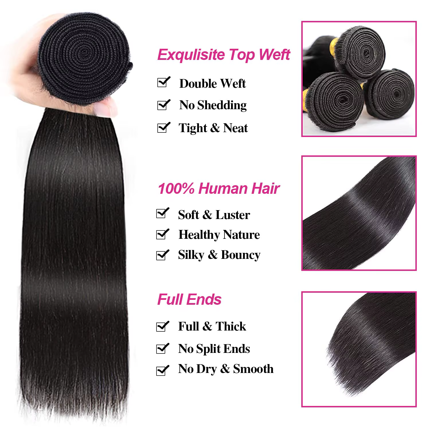 Mèches Brésiliennes Naturelles Lisses avec Closure, Cheveux de Bébé, 100% Non Traités, 4x4, 3 Lots