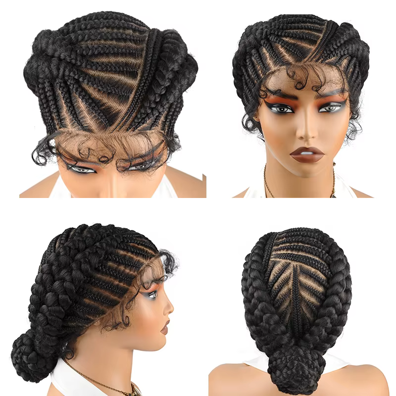 Perruque tressée africaine avec cornrows et double chignon jumbo, 12 pouces, perruque chignon tressé