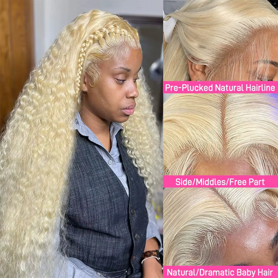 Perruque Deep Wave Lace Front Wig naturelle bouclée, cheveux humains, couleur blonde 613 HD, 13x6, 1