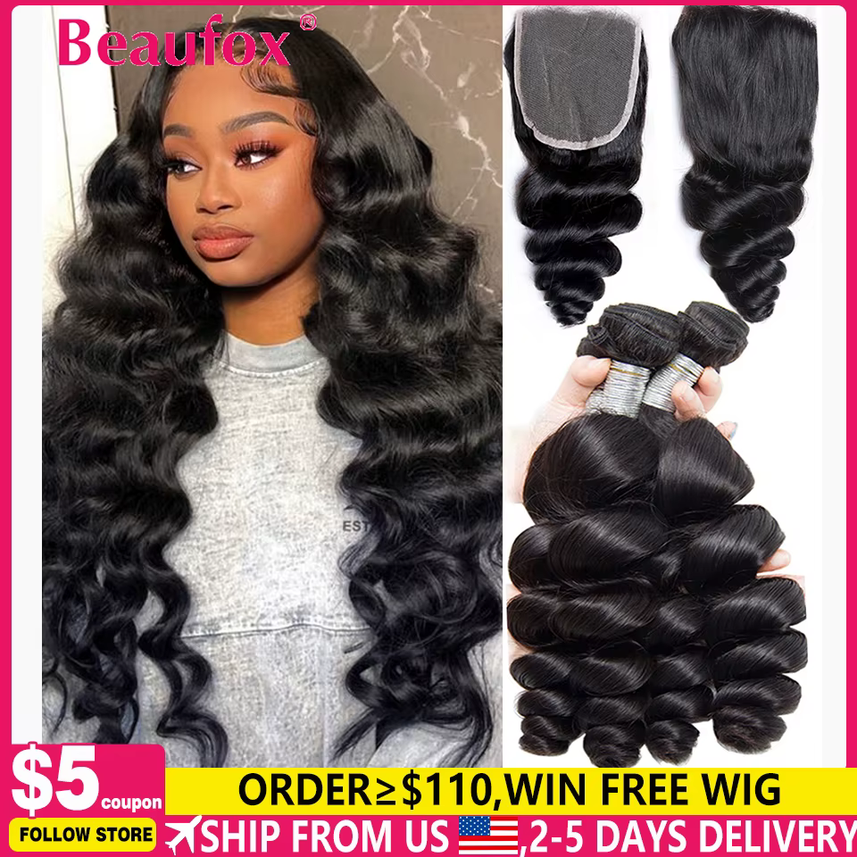 Beaufox paquets de cheveux humains vague lâche avec fermeture tissage de cheveux indiens 3/4 paquets