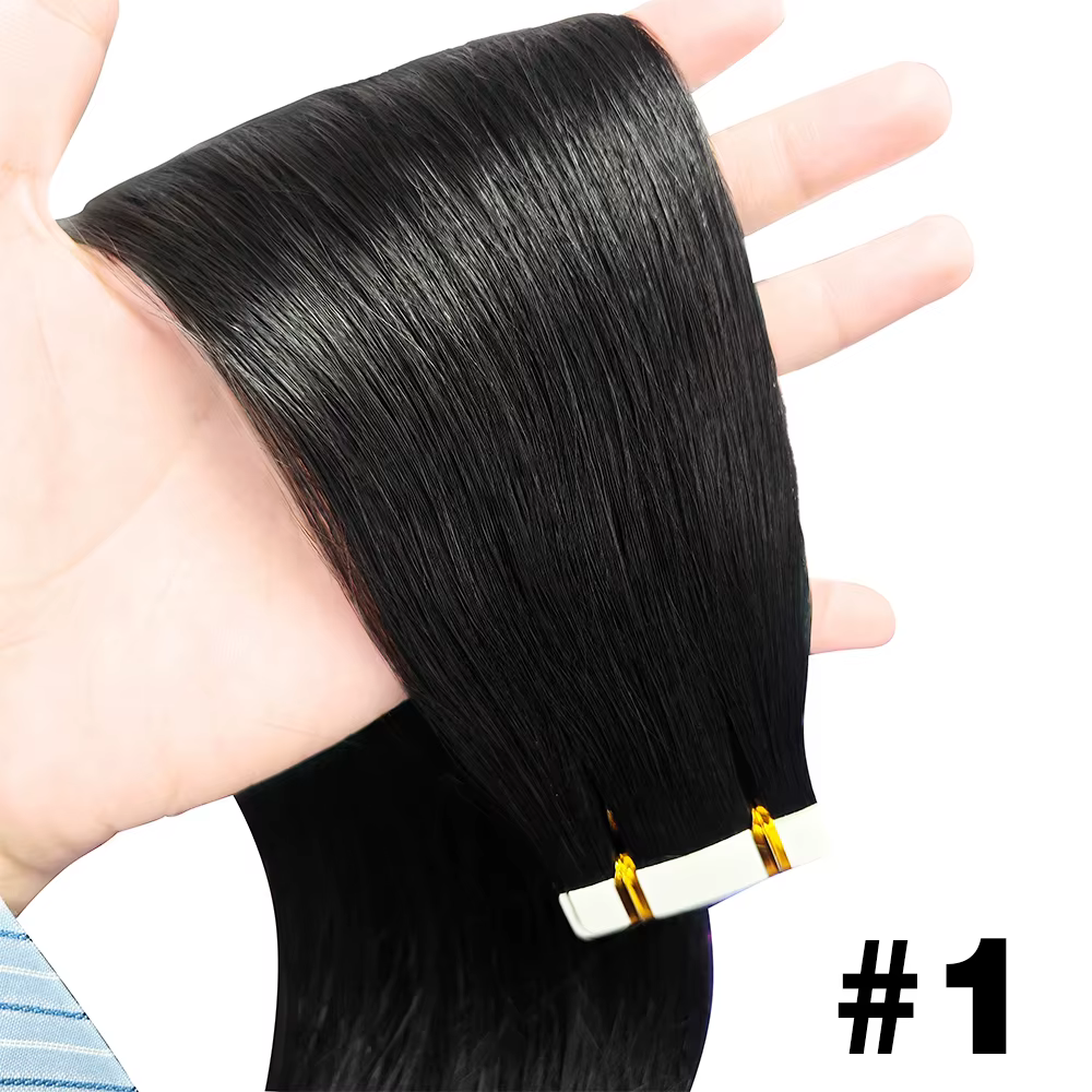 Extensions de cheveux à bandes adhésives, cheveux humains, couleur naturelle, soyeux, lisses, invisi