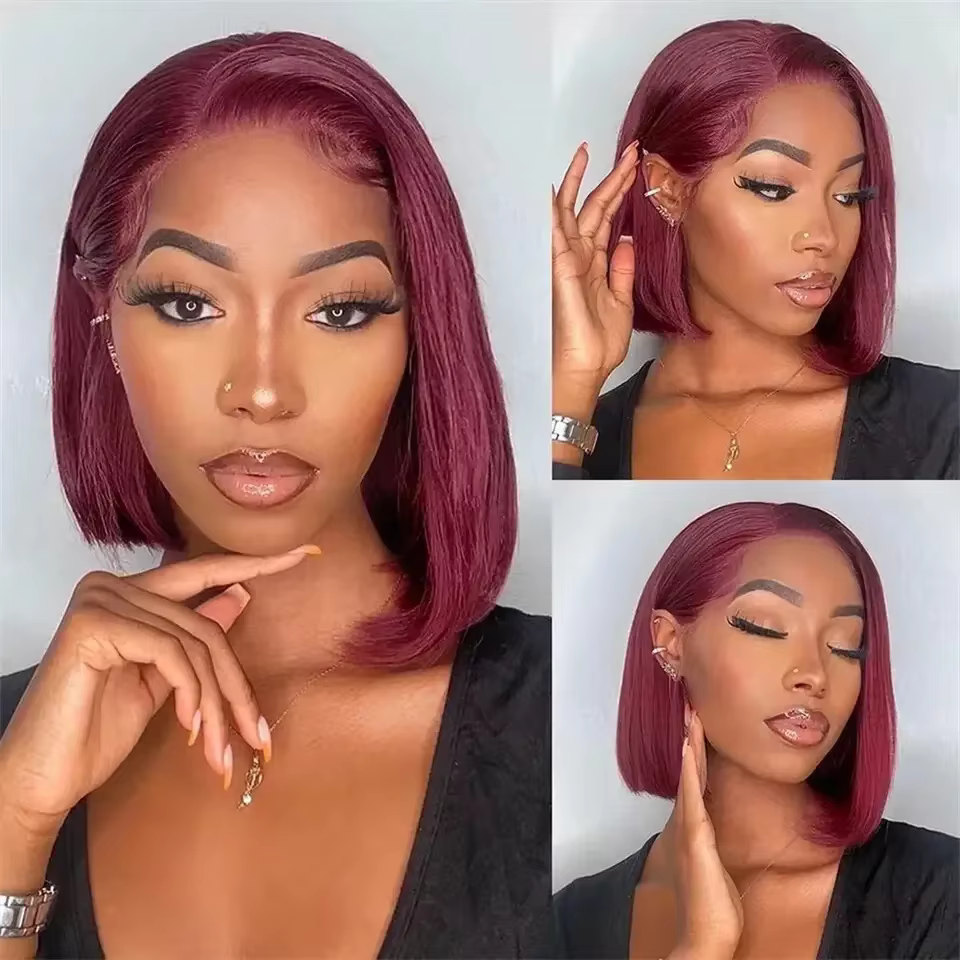 Perruque Courte Droite Bob Bourgogne 99J, Perruque Lace Frontale 13x4 Rouge, Cheveux Humains Brésili