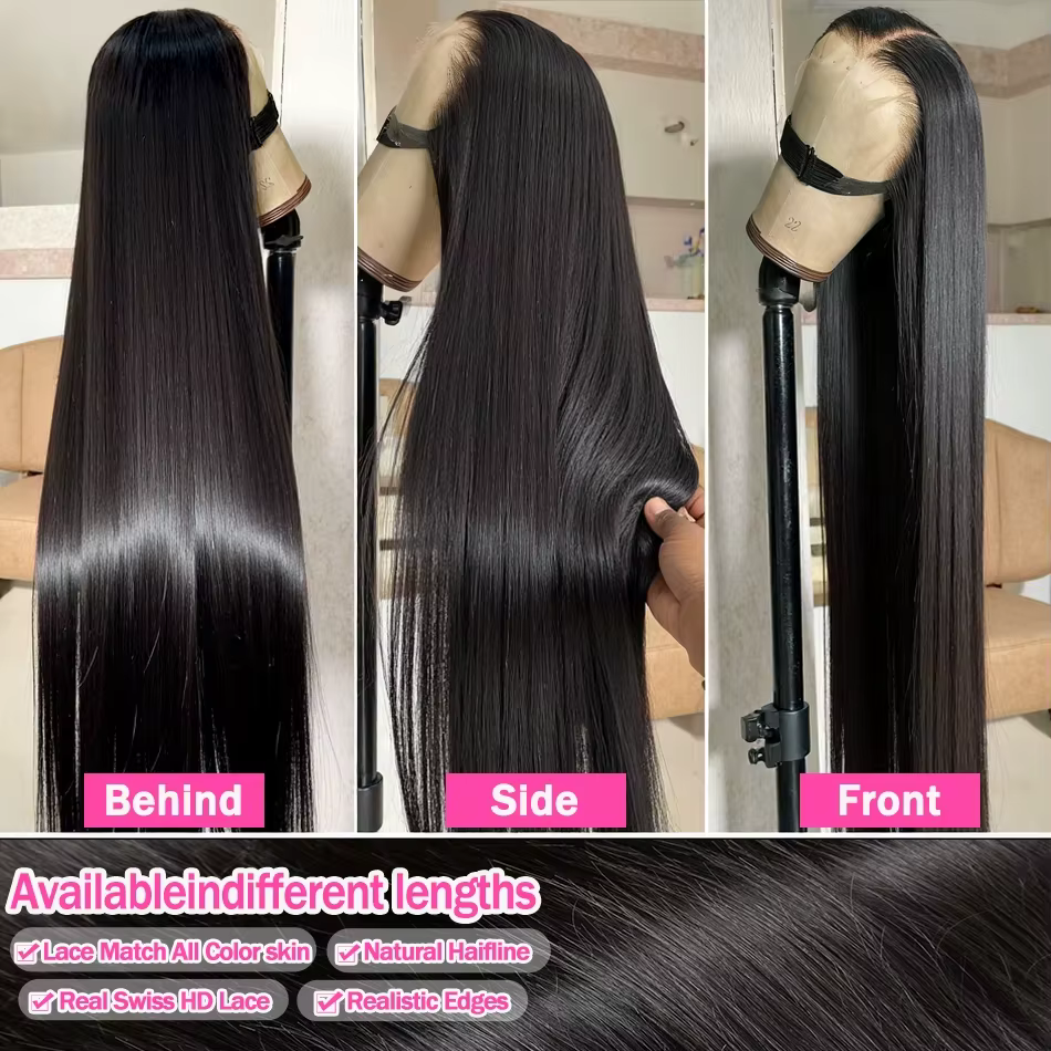 Perruques de cheveux humains lisses de 30 à 36 pouces, perruque frontale en dentelle HD 13x6, perruq