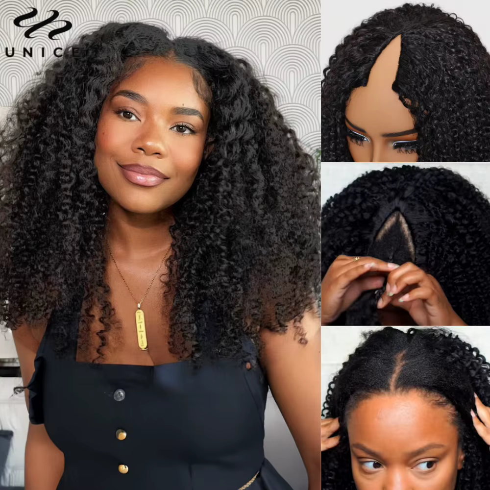 UNice InvisiBlend ™ Perruque crépue bouclée en V avec cordon de serrage, cheveux humains de Style